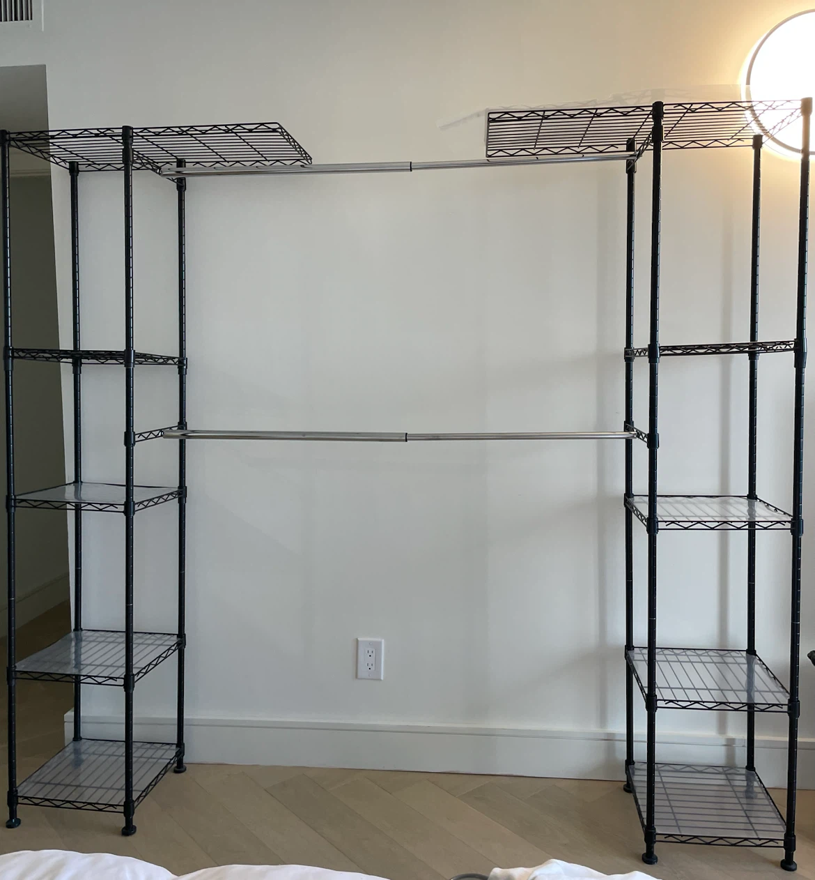chest of drawers & metal garments rack with shelves on each side