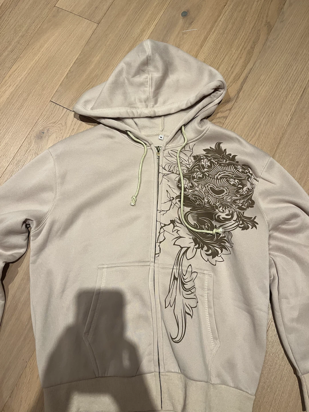 Beige Graphic Zip-Up Hoodie