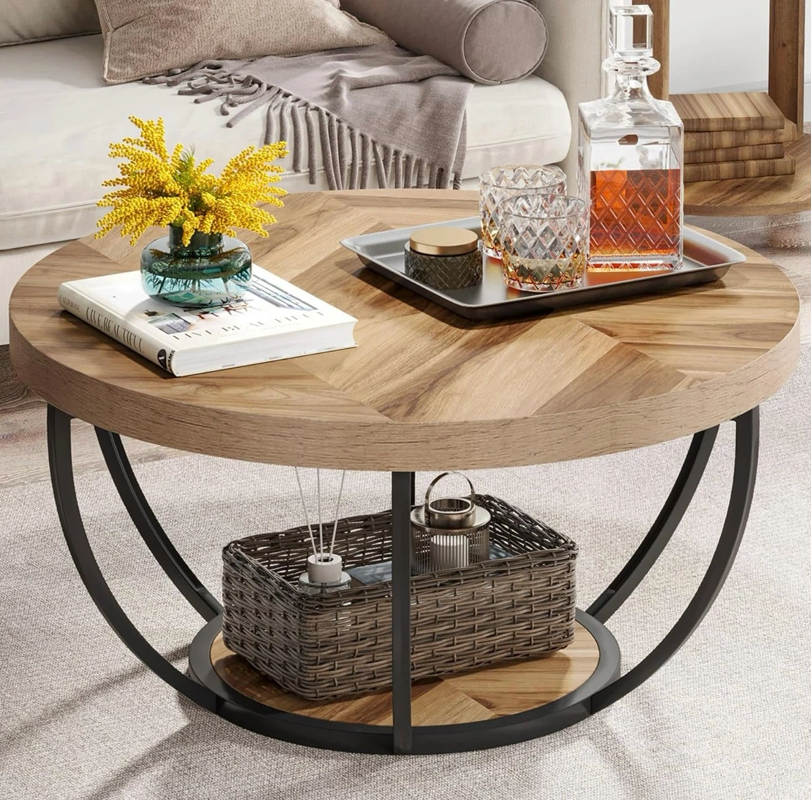 Brand new Round Wood Coffee Table with Metal Base