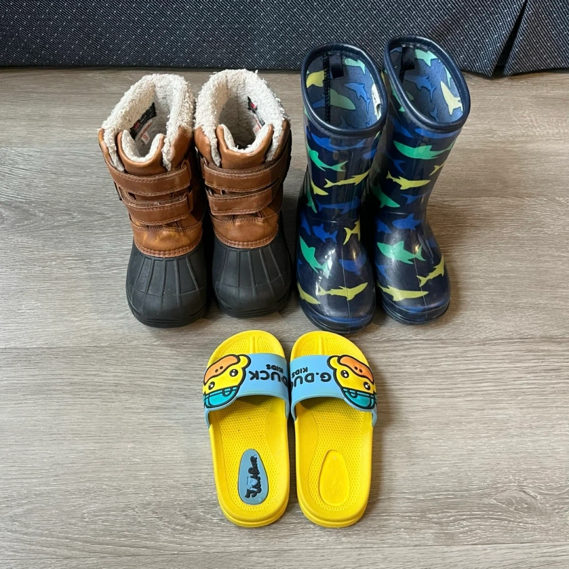 Kids winter boots, rain boots, and slippers