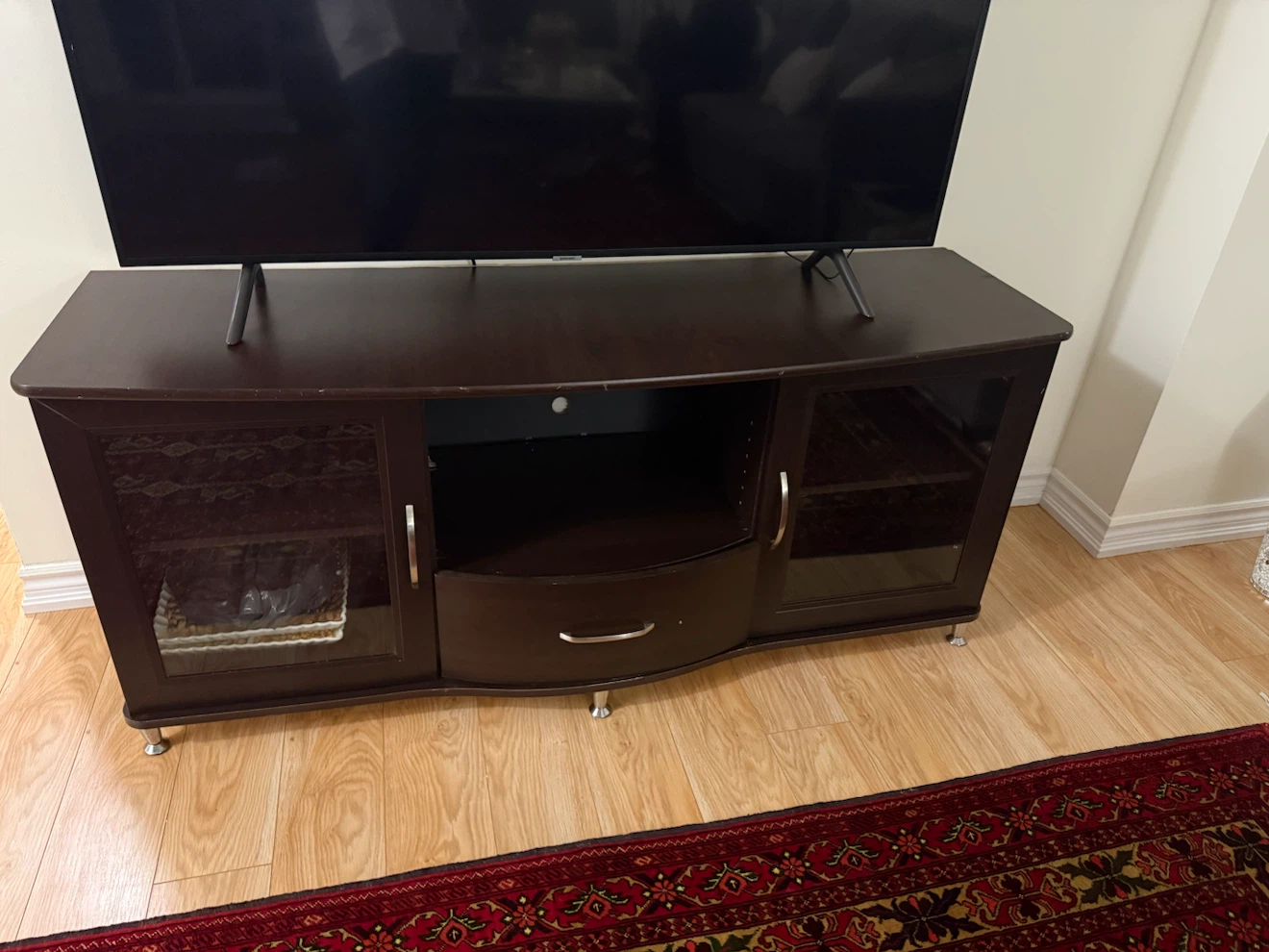 Dark Wood TV Stand with Glass Doors