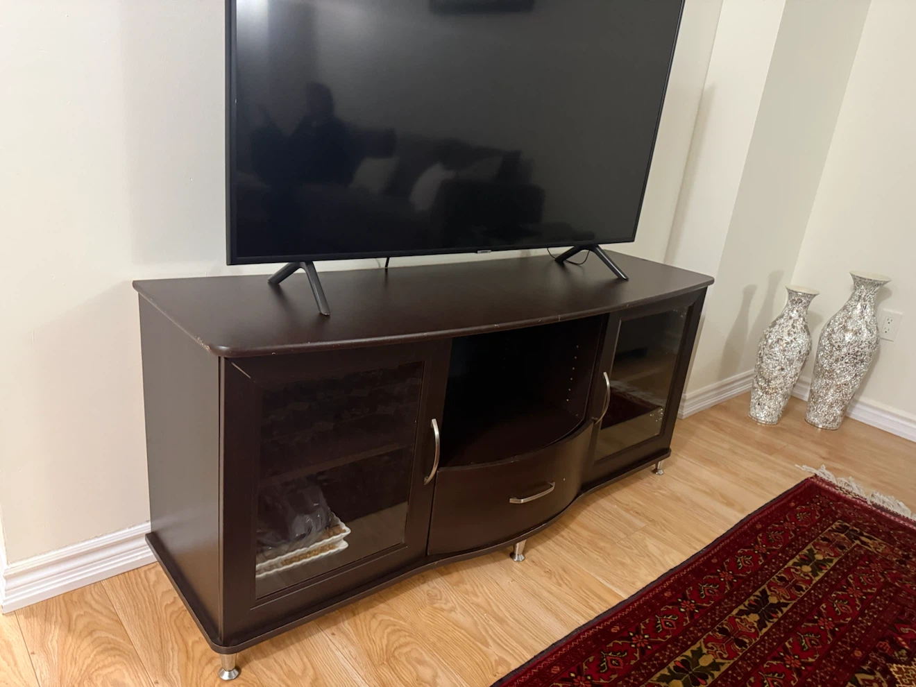Dark Wood TV Stand with Glass Doors - photo 2