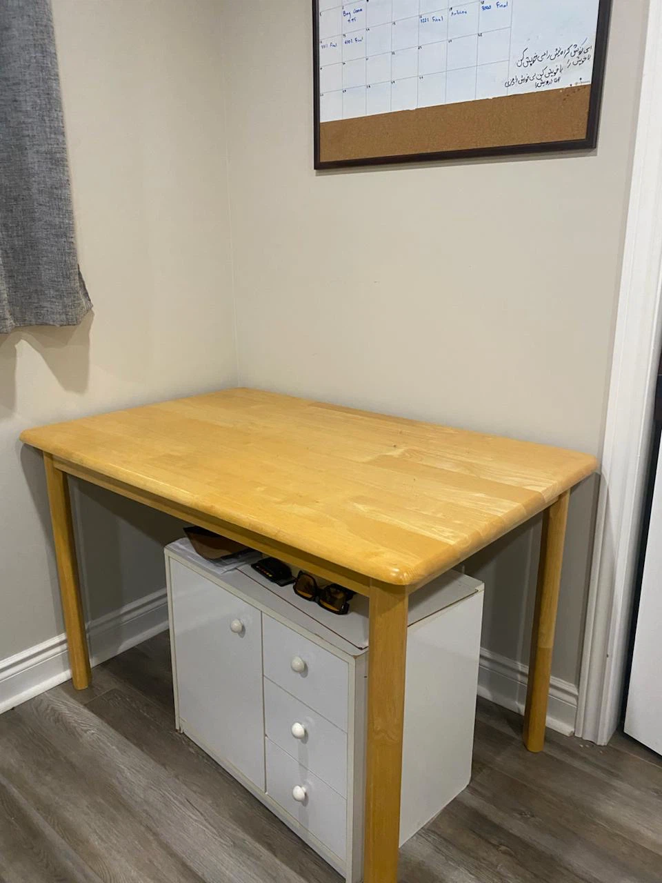 Wood Table, White Desk & Small Drawer Unit