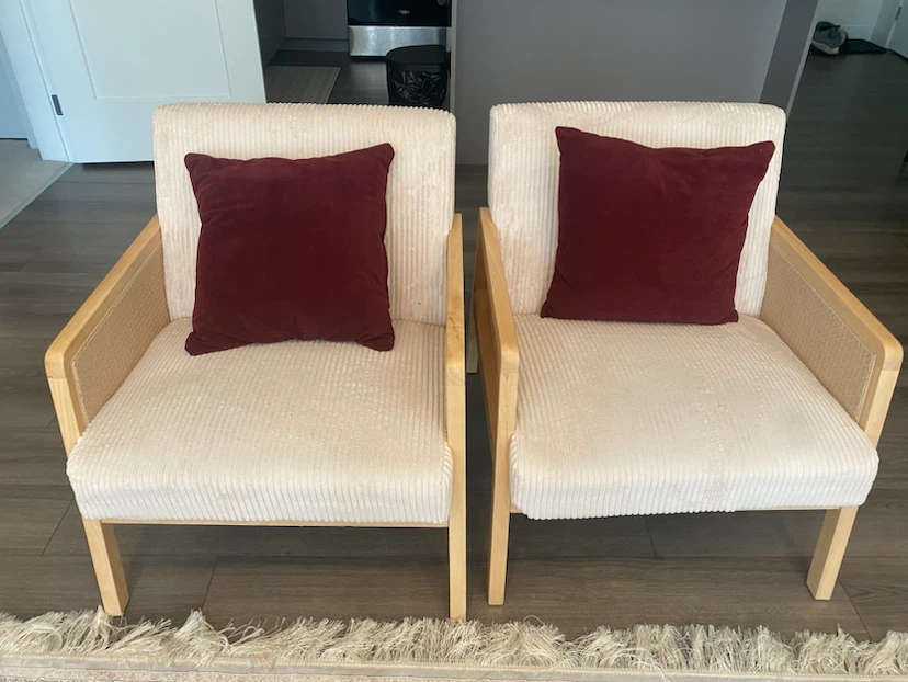 Cream Corduroy Armchairs with Burgundy Pillows (Set of 2)