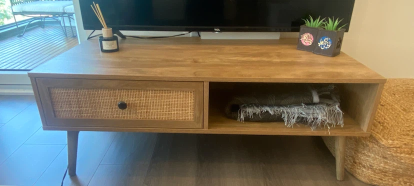 Wooden Coffee Table with Cane Drawer