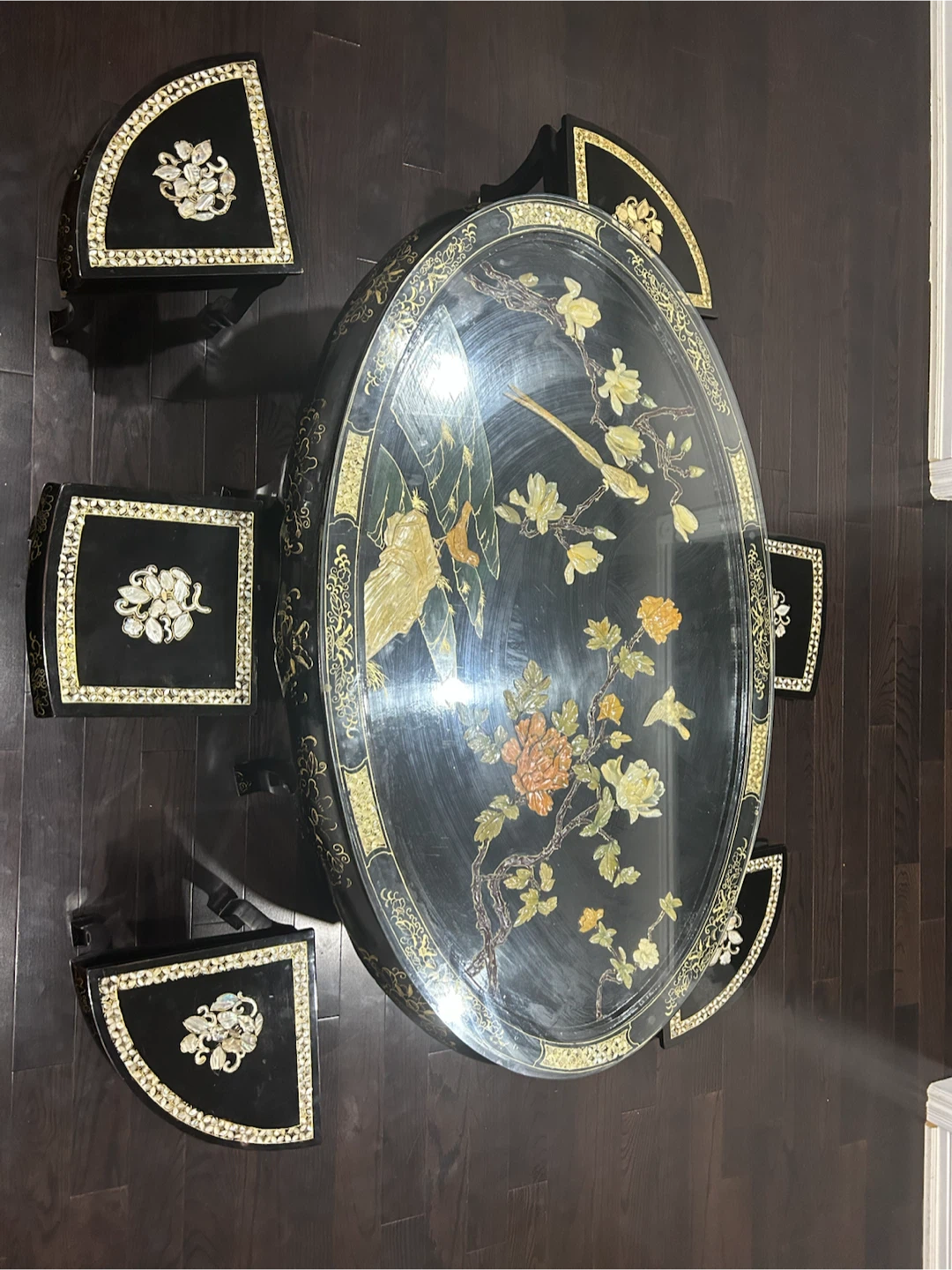 Vintage Black Lacquer Coffee Table with 6 Nesting Stools
