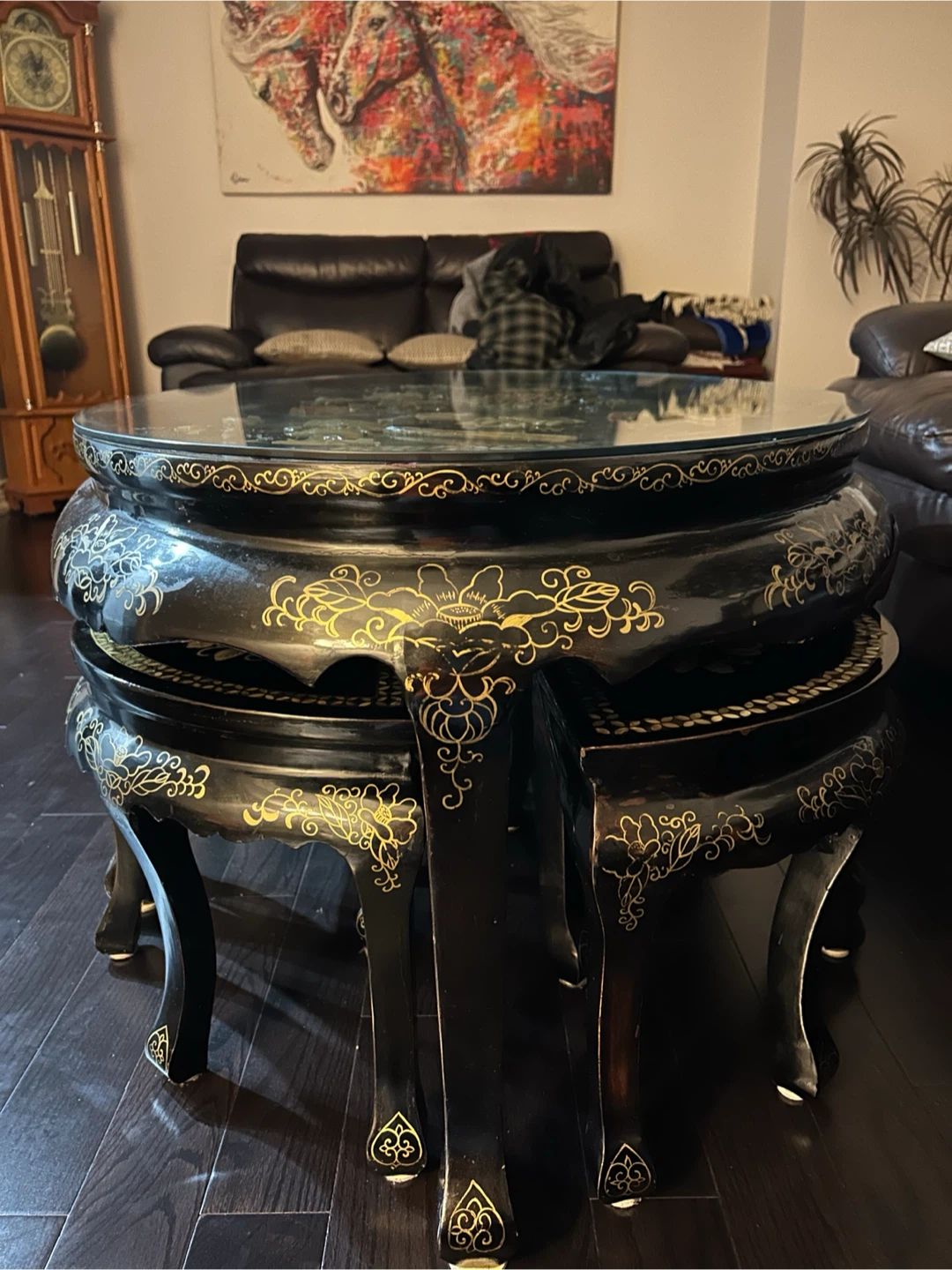 Vintage Black Lacquer Coffee Table with 6 Nesting Stools - photo 2