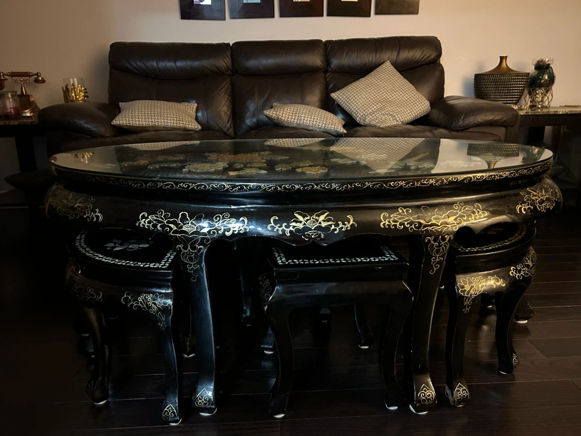 Vintage Black Lacquer Coffee Table with 6 Nesting Stools - photo 3