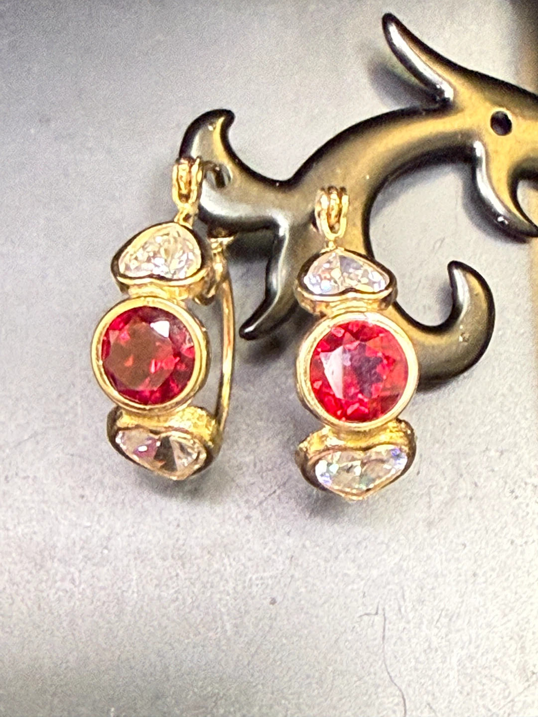 Vintage 14K Gold Hoop Earrings with Red and Clear Stones