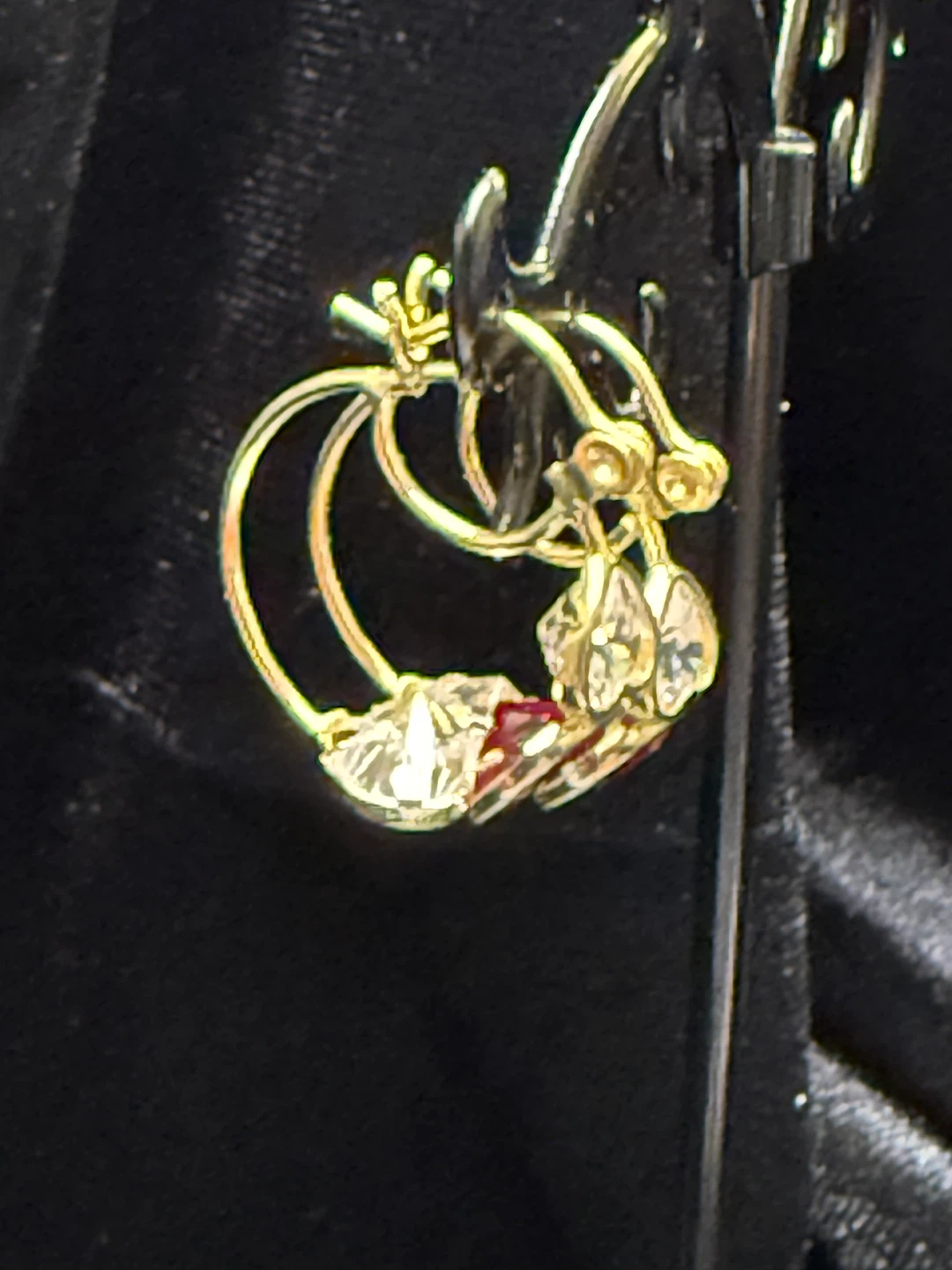 Vintage 14K Gold Hoop Earrings with Red and Clear Stones - photo 2