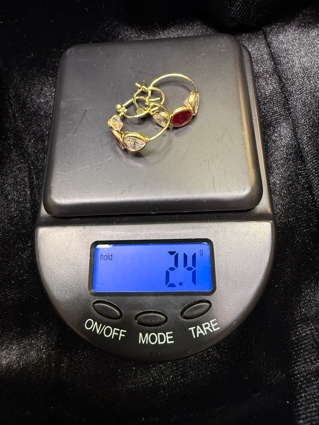 Vintage 14K Gold Hoop Earrings with Red and Clear Stones - photo 4