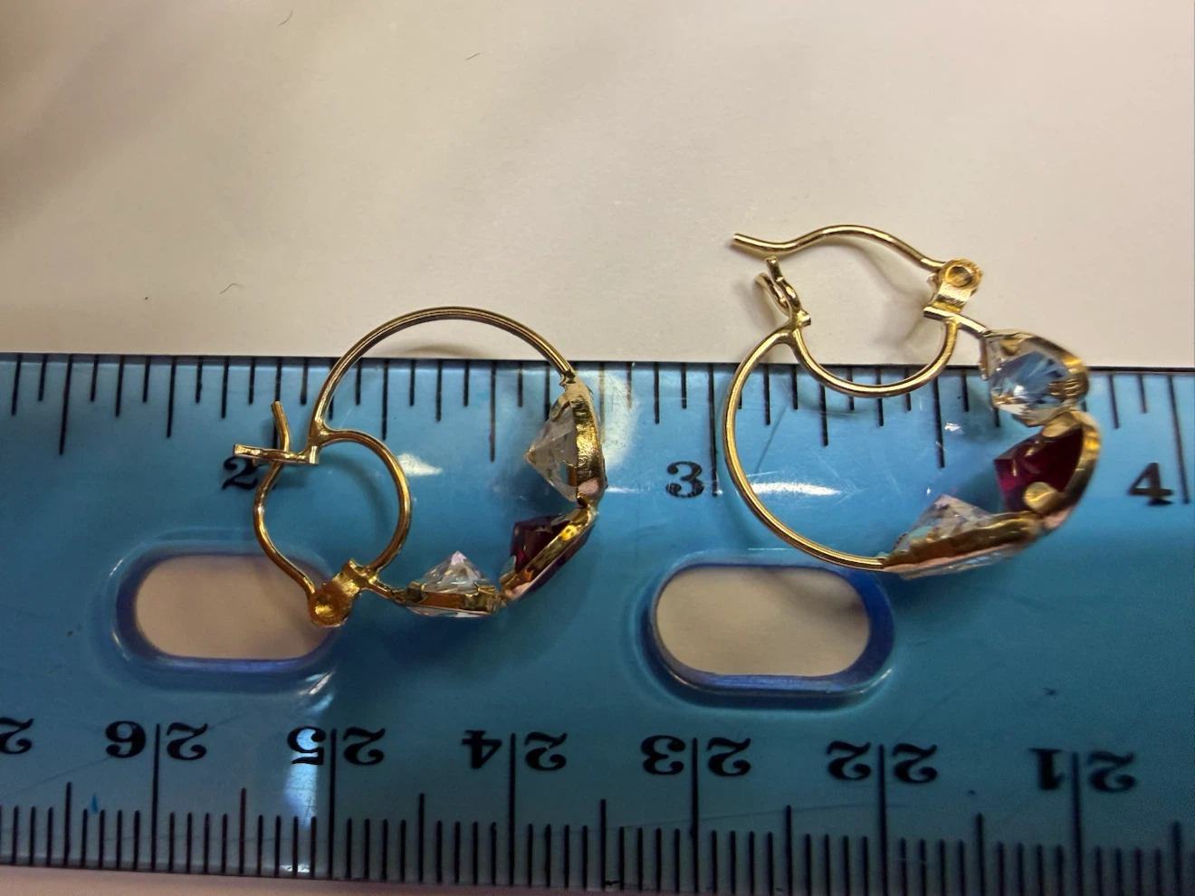Vintage 14K Gold Hoop Earrings with Red and Clear Stones - photo 5