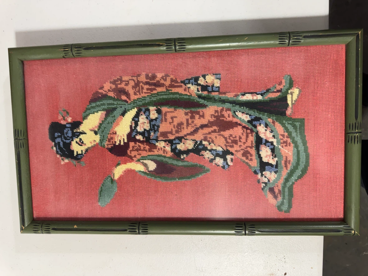 Vintage Needlepoint Art - Geisha and Birds