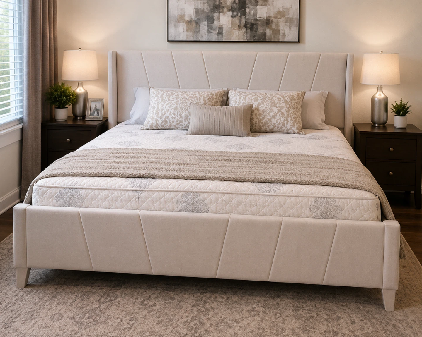 Queen size Beige color Bed Frame with Mattress – Great Condition