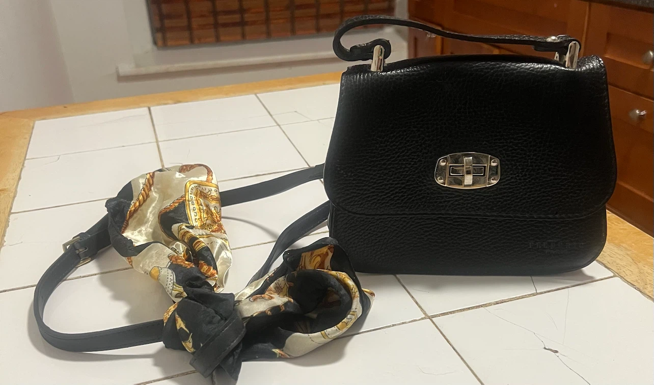Black Leather Handbag with Scarf