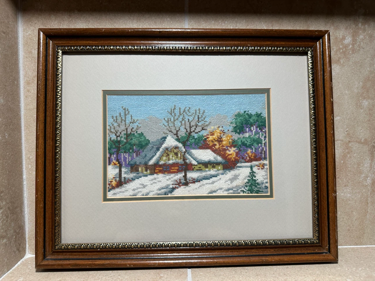1985 Hand-Stitched Snowy Cabin Needlework