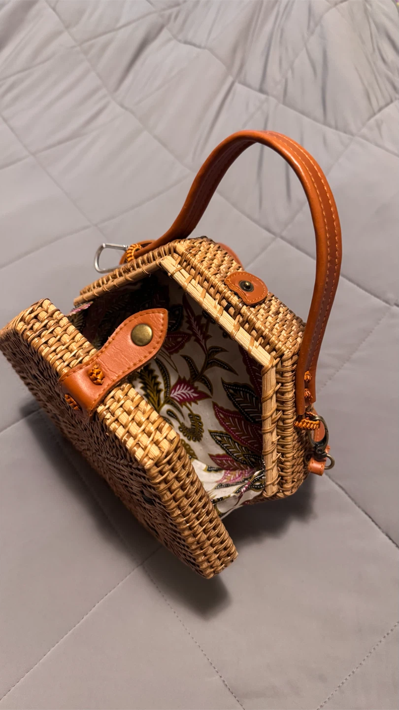 Woven Rattan Hexagon Bag with Leather Accents