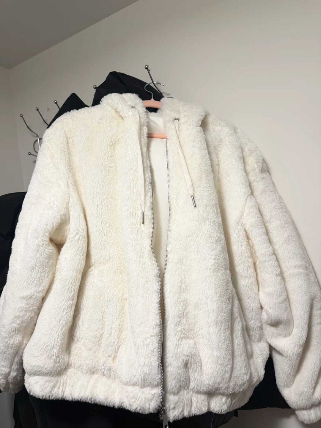 Cream Fuzzy Bomber Jacket
