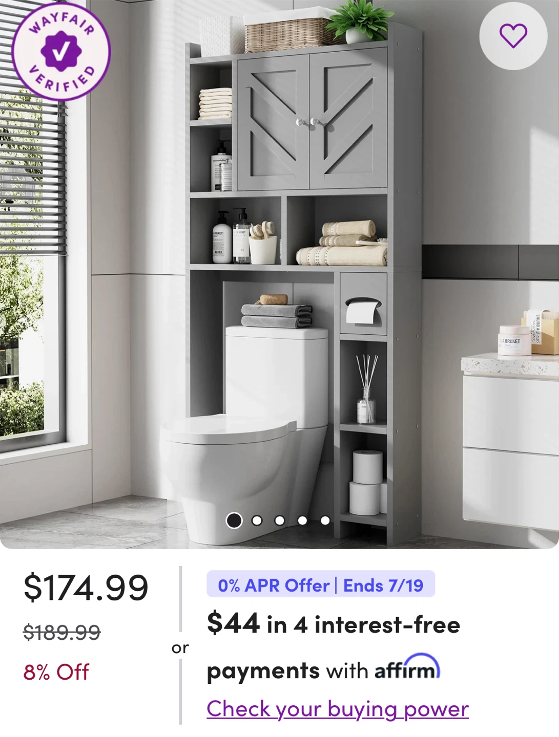 Grey Over-the-Toilet Storage Cabinet with Shelves