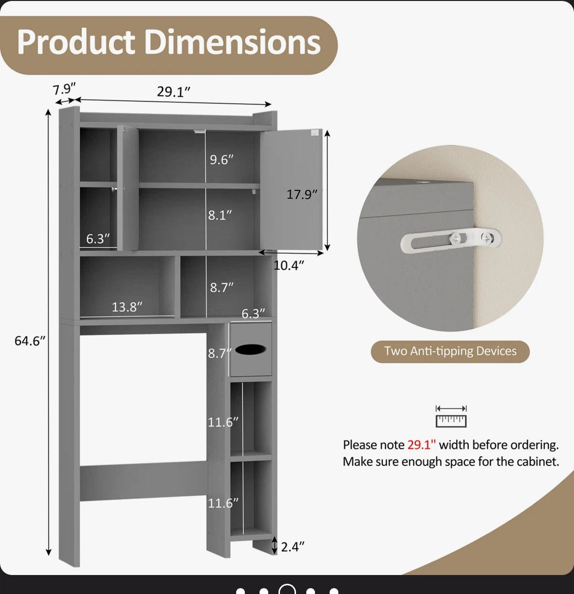 Grey Over-the-Toilet Storage Cabinet with Shelves - photo 2