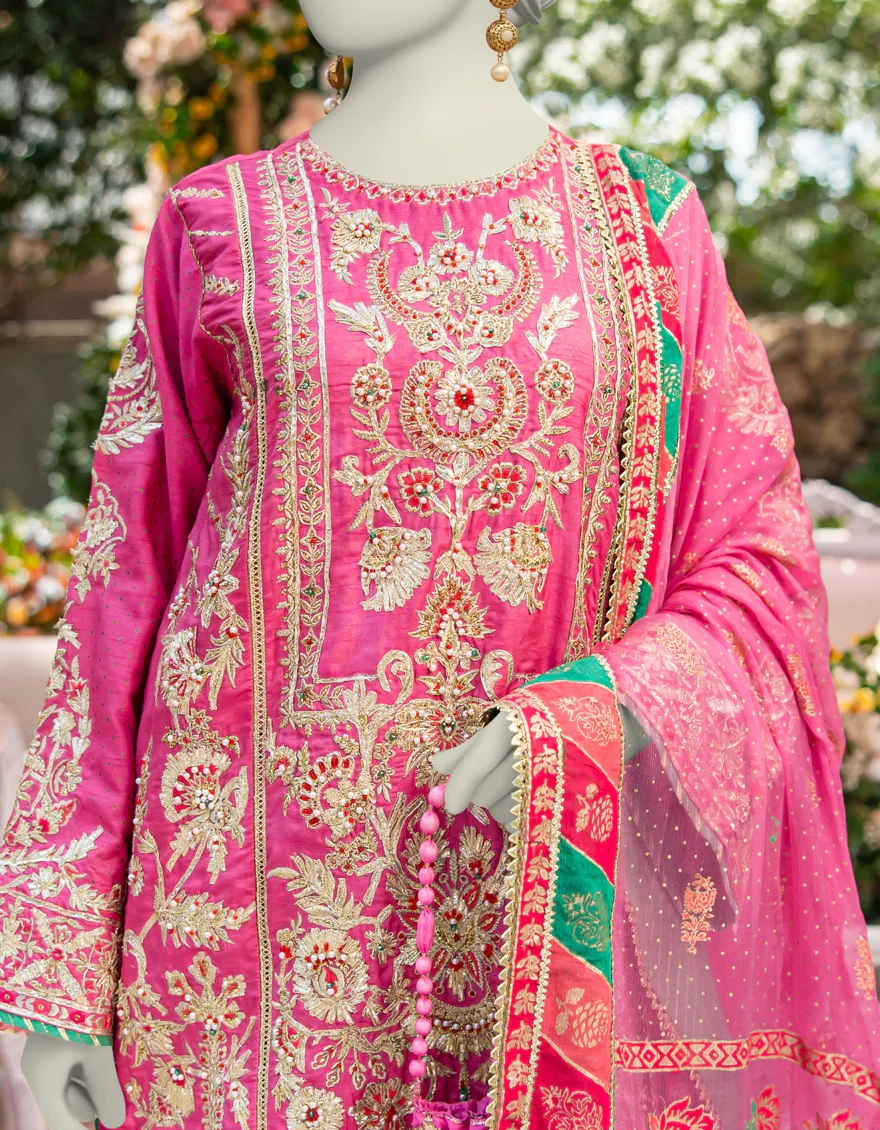 J Dot Pink Embroidered Kurti Shalwar Kameez Dupatta Set - photo 3