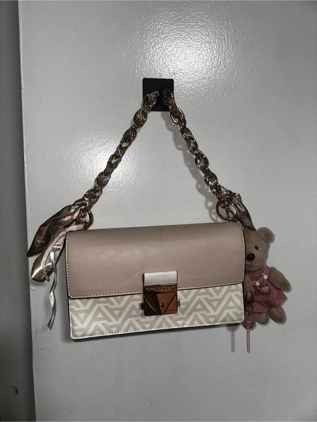 ALDO Pink & White Geometric Crossbody Bag with Charms