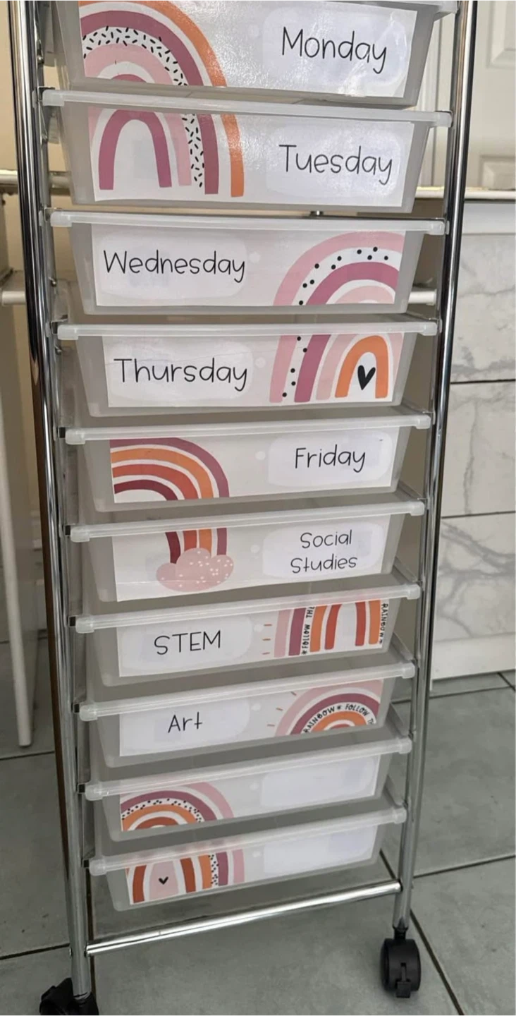 10-Drawer Rolling Cart with Rainbow Labels