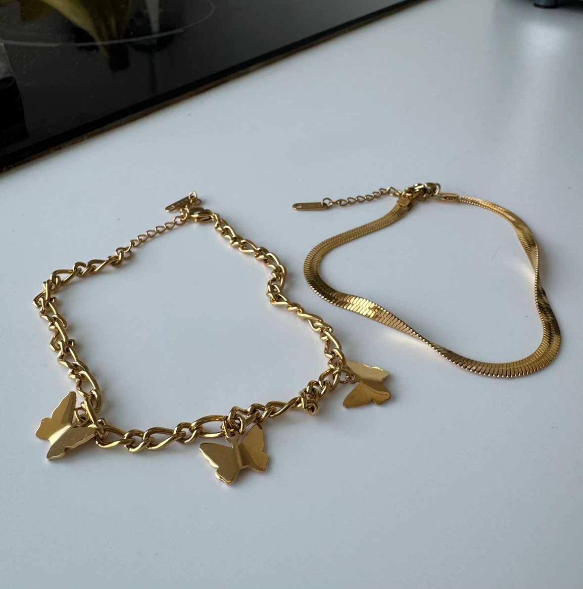 Gold-Tone Anklets – Butterfly & Herringbone Styles