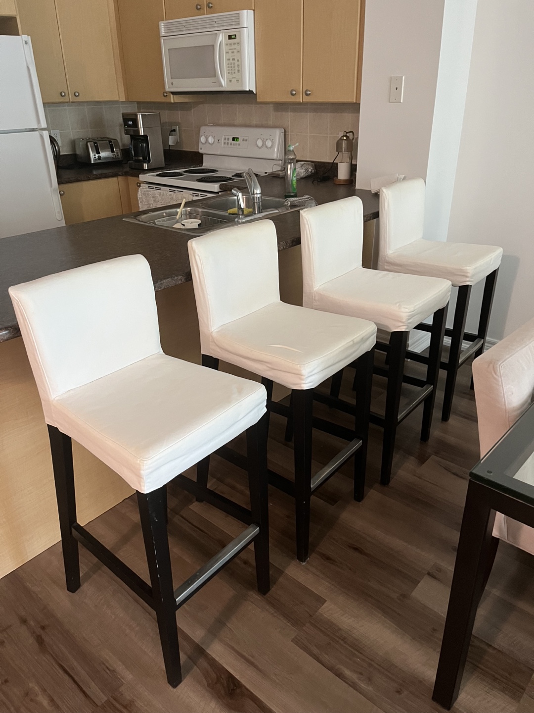 Set of 4 White Upholstered Bar Stools