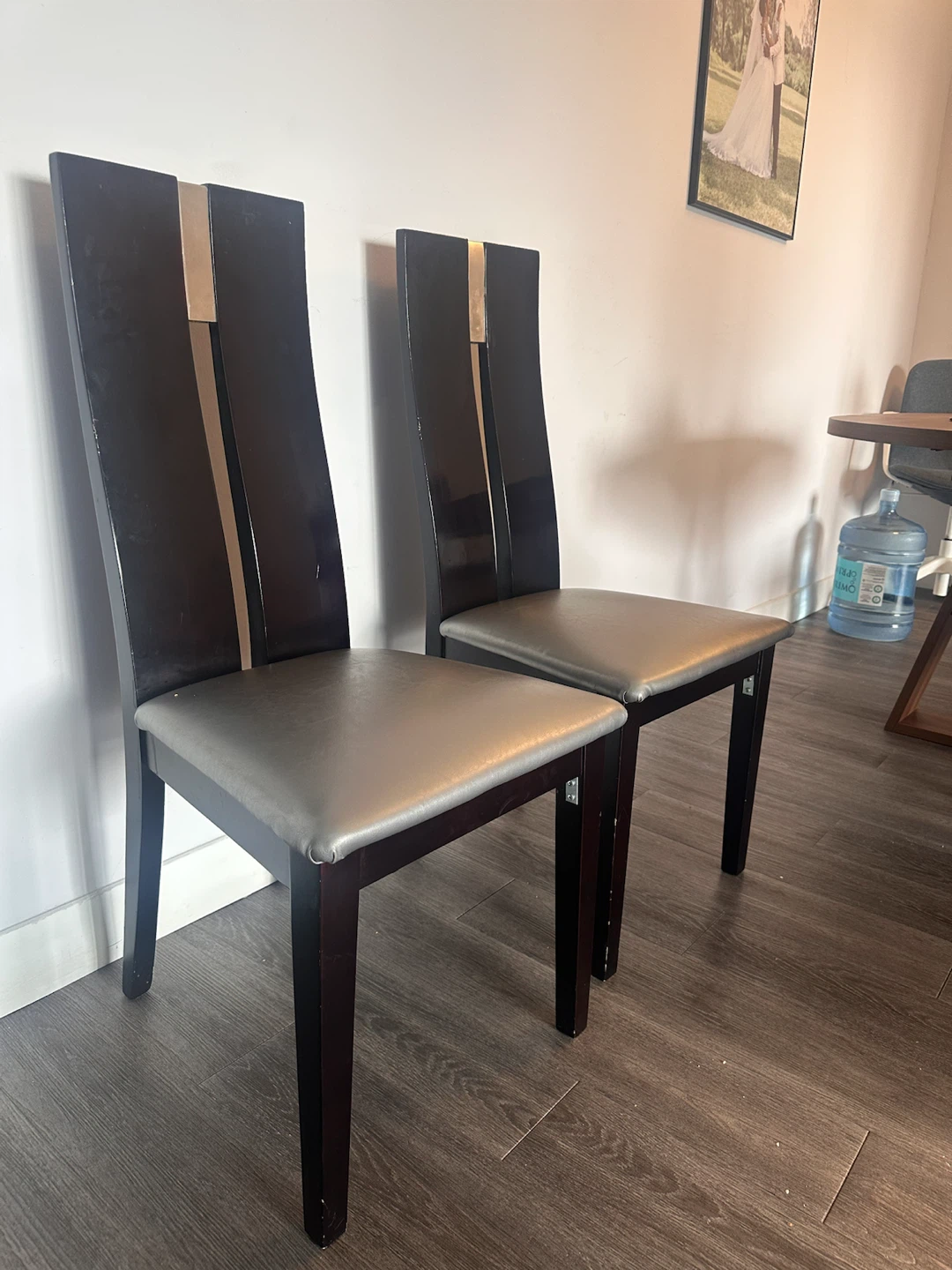Set of 2 Dark Wood Dining Chairs with Grey Seats