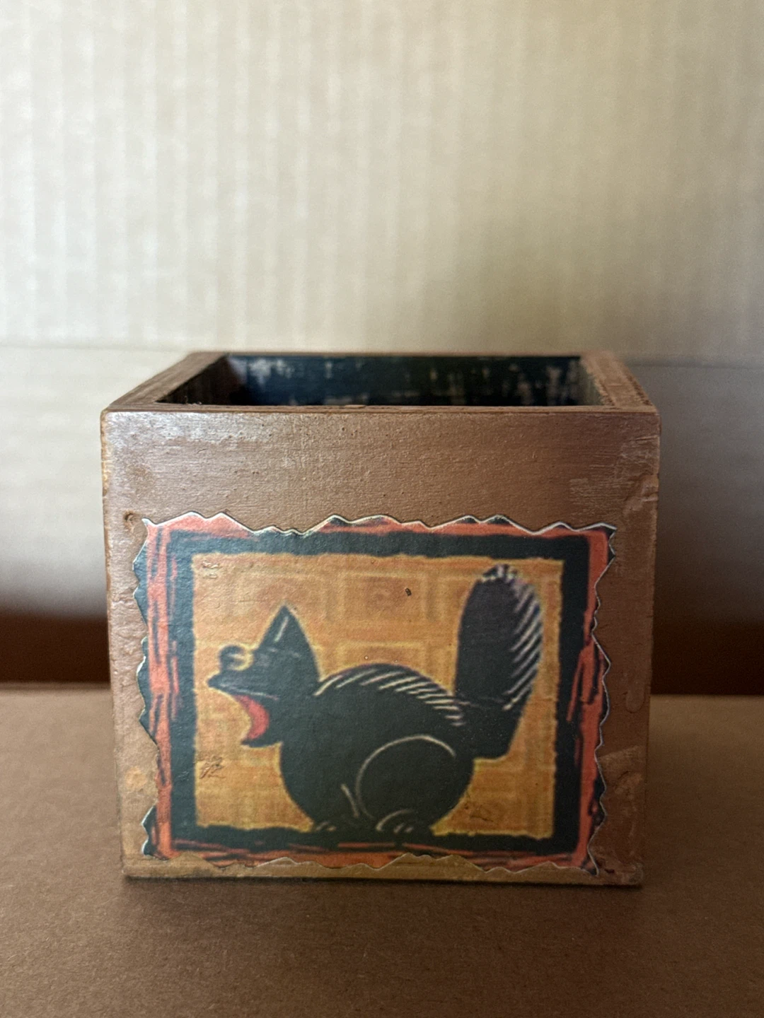 Wooden Box with Black Cat Halloween Design