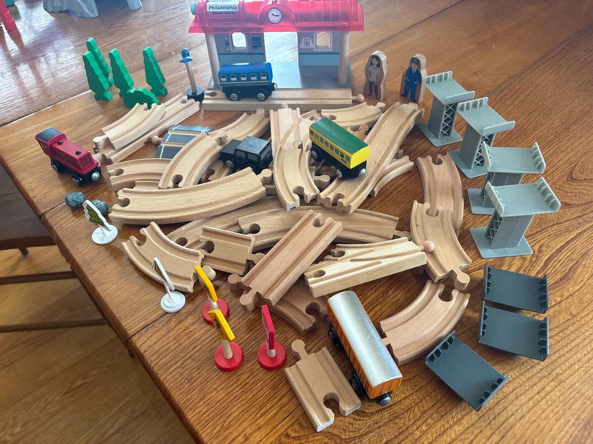Wooden Train Set with Station and Accessories