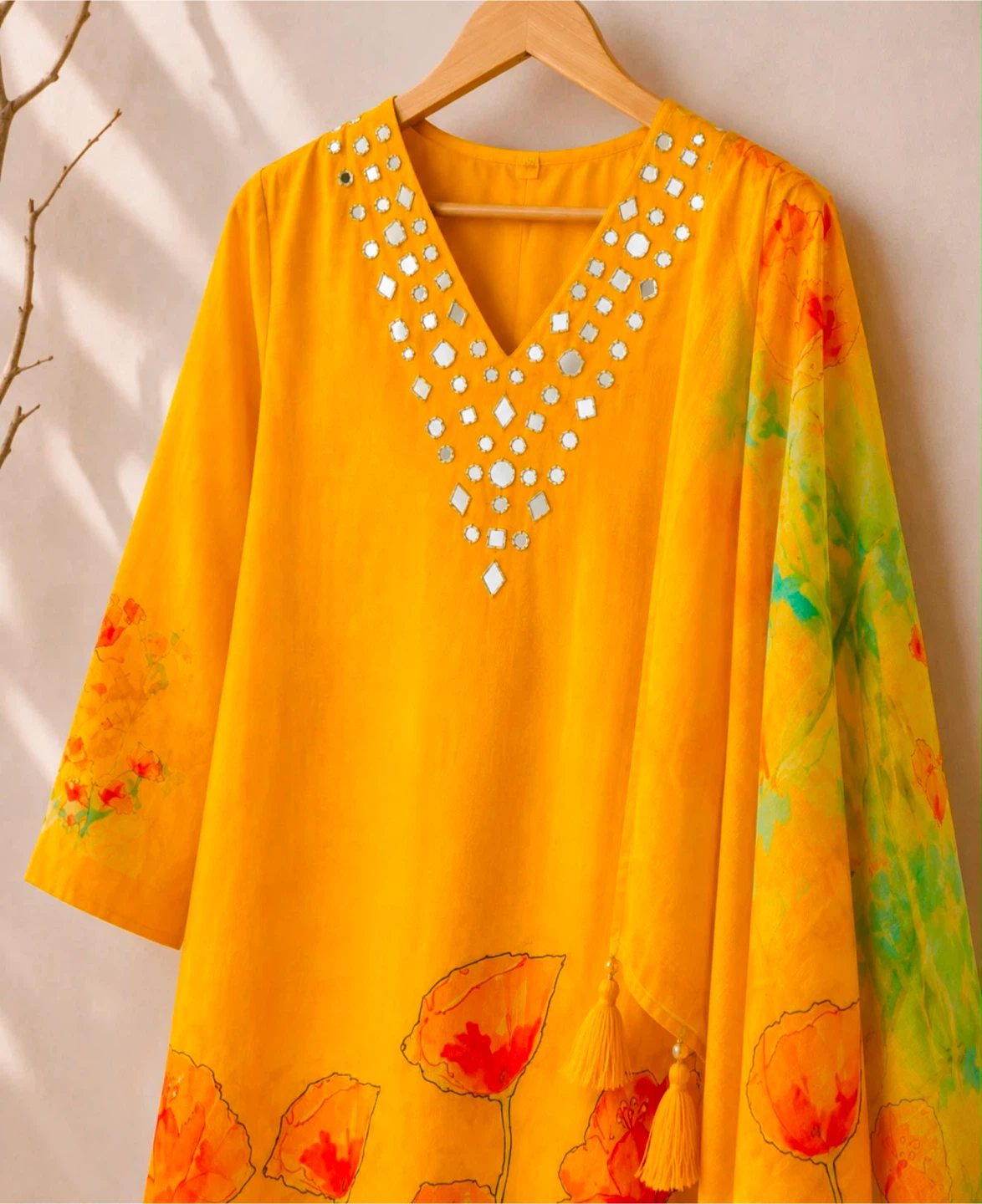Yellow Poppy Print 3-Piece Suit with Mirror Work