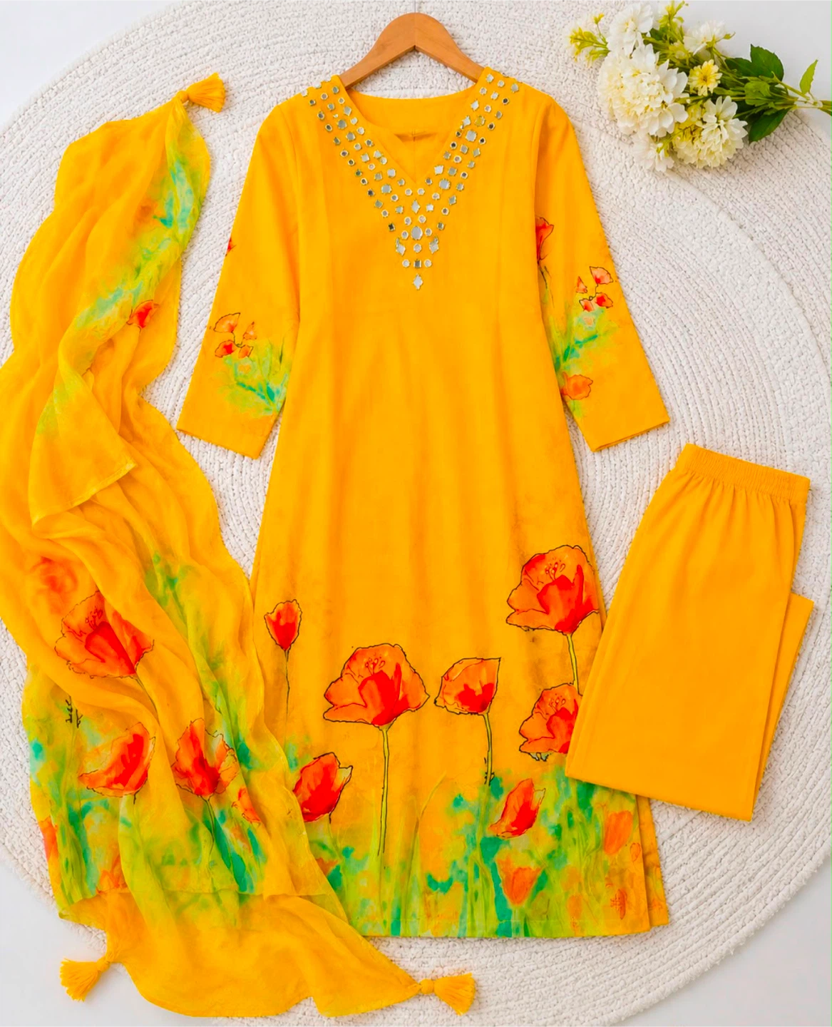 Yellow Poppy Print 3-Piece Suit with Mirror Work - photo 2