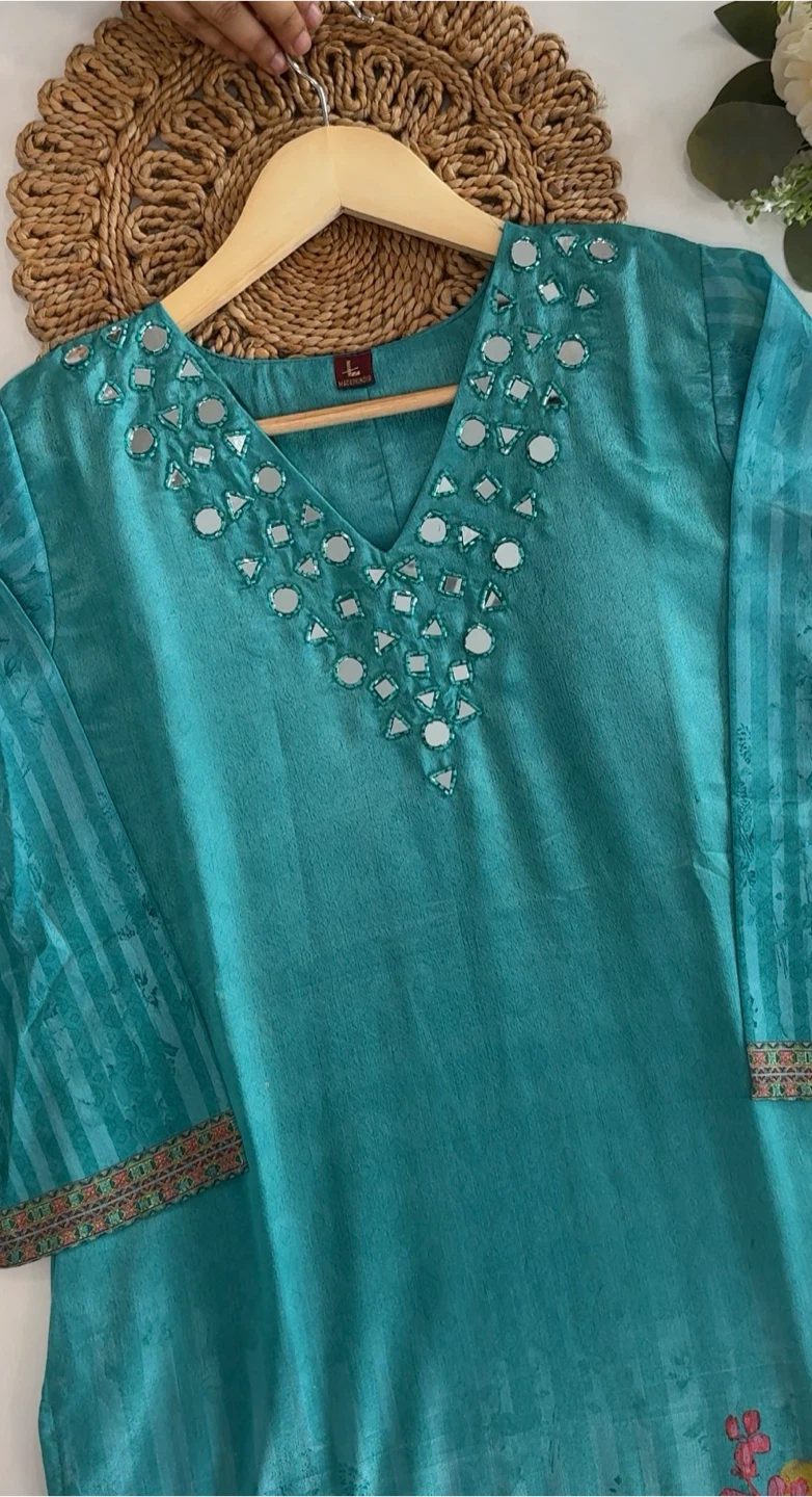 Teal Kurti with Mirror Work