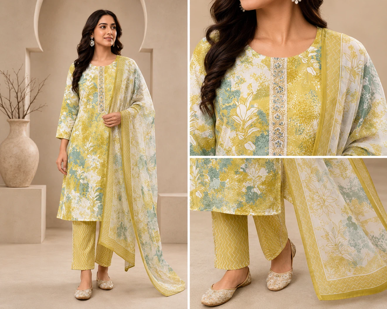 Women's Yellow Floral Print Cotton 3-Piece Suit with Dupatta