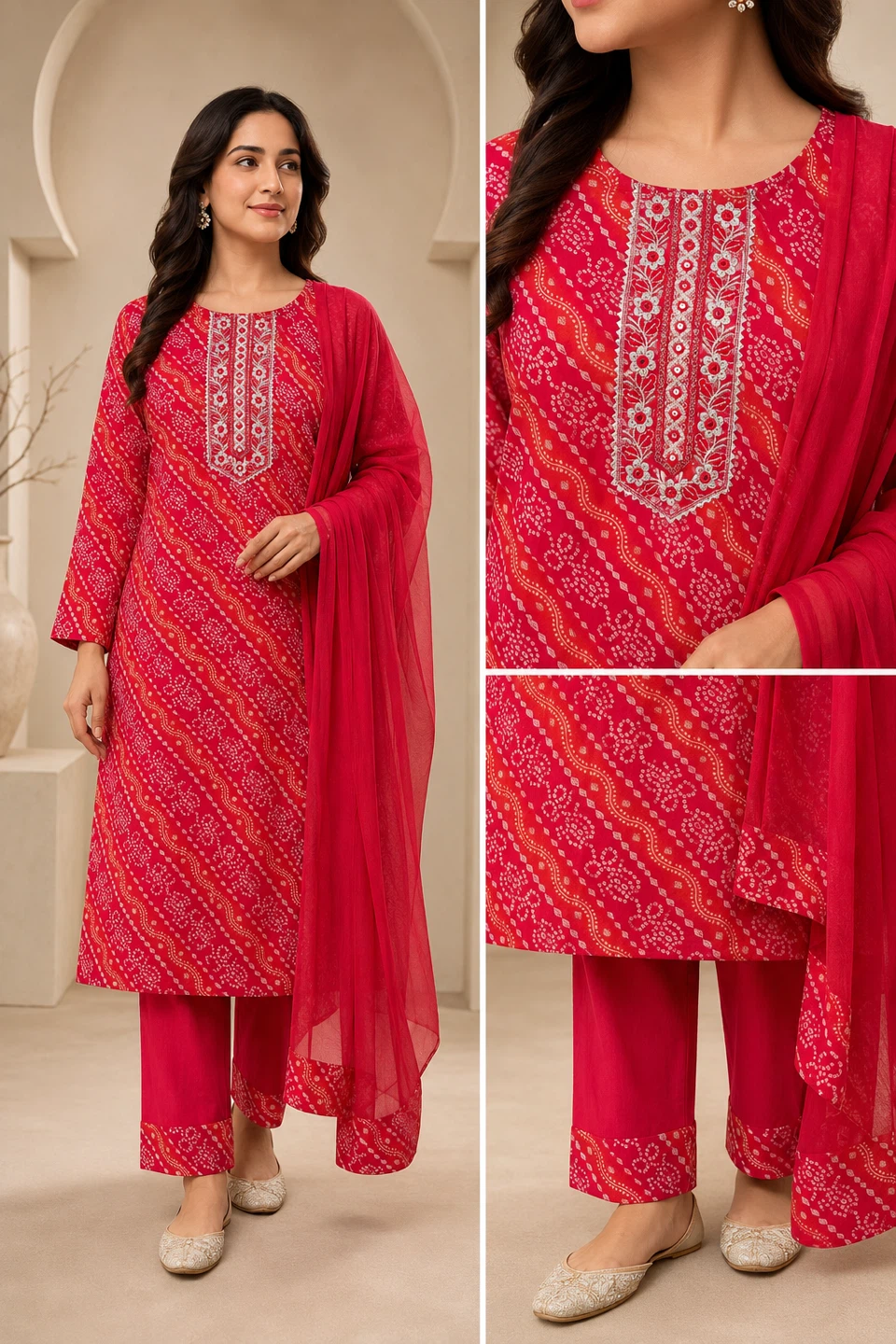 Women's 3-Piece Bandhani Print Kurta Set with Dupatta