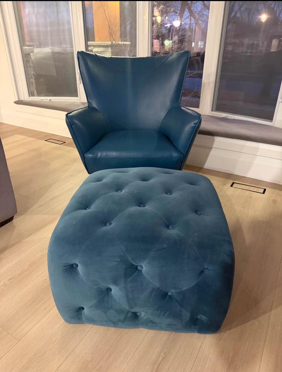 Blue/ teal wing chair with velvet tufted ottoman