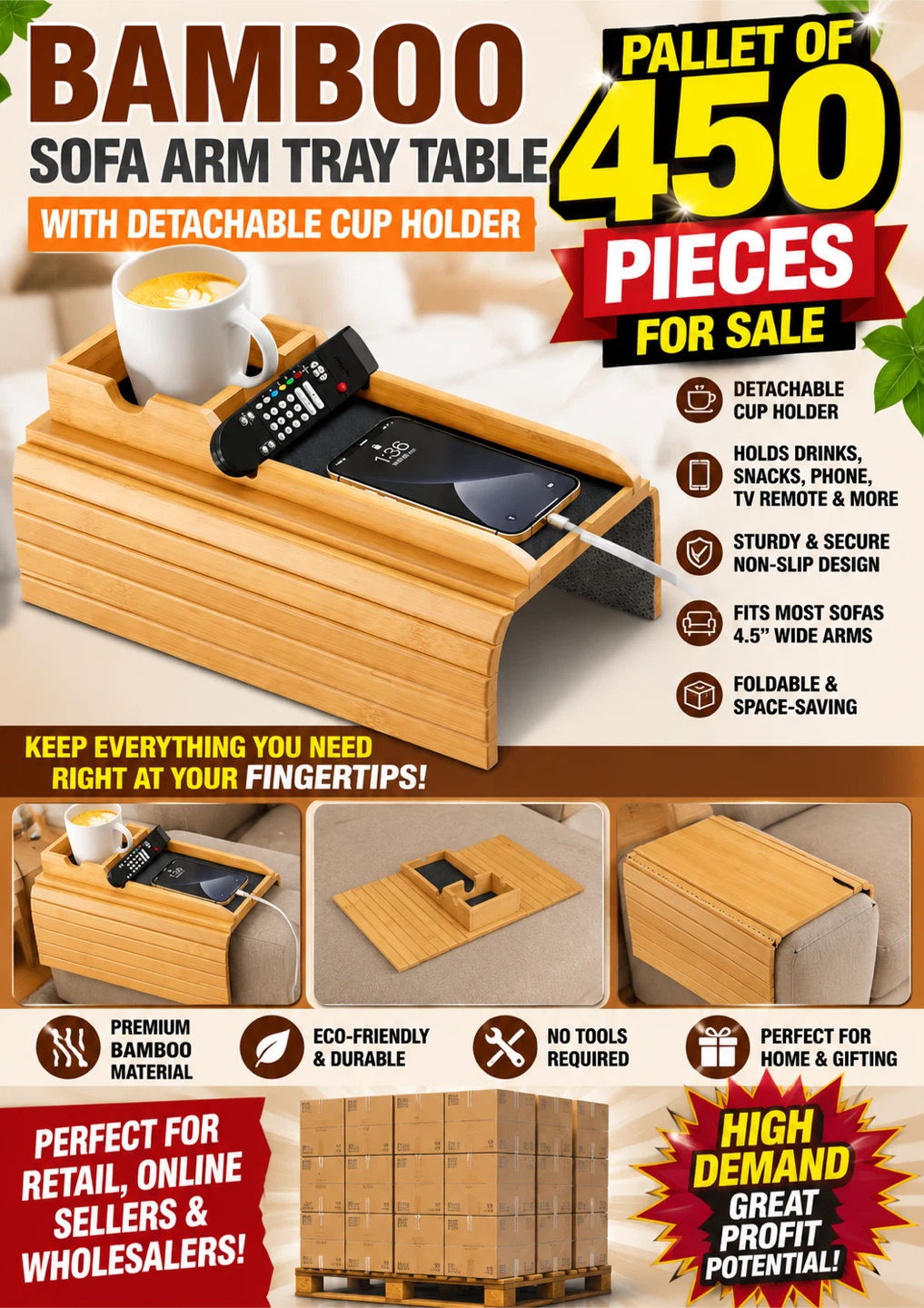 Bamboo Sofa Arm Tray Table with Cup Holder