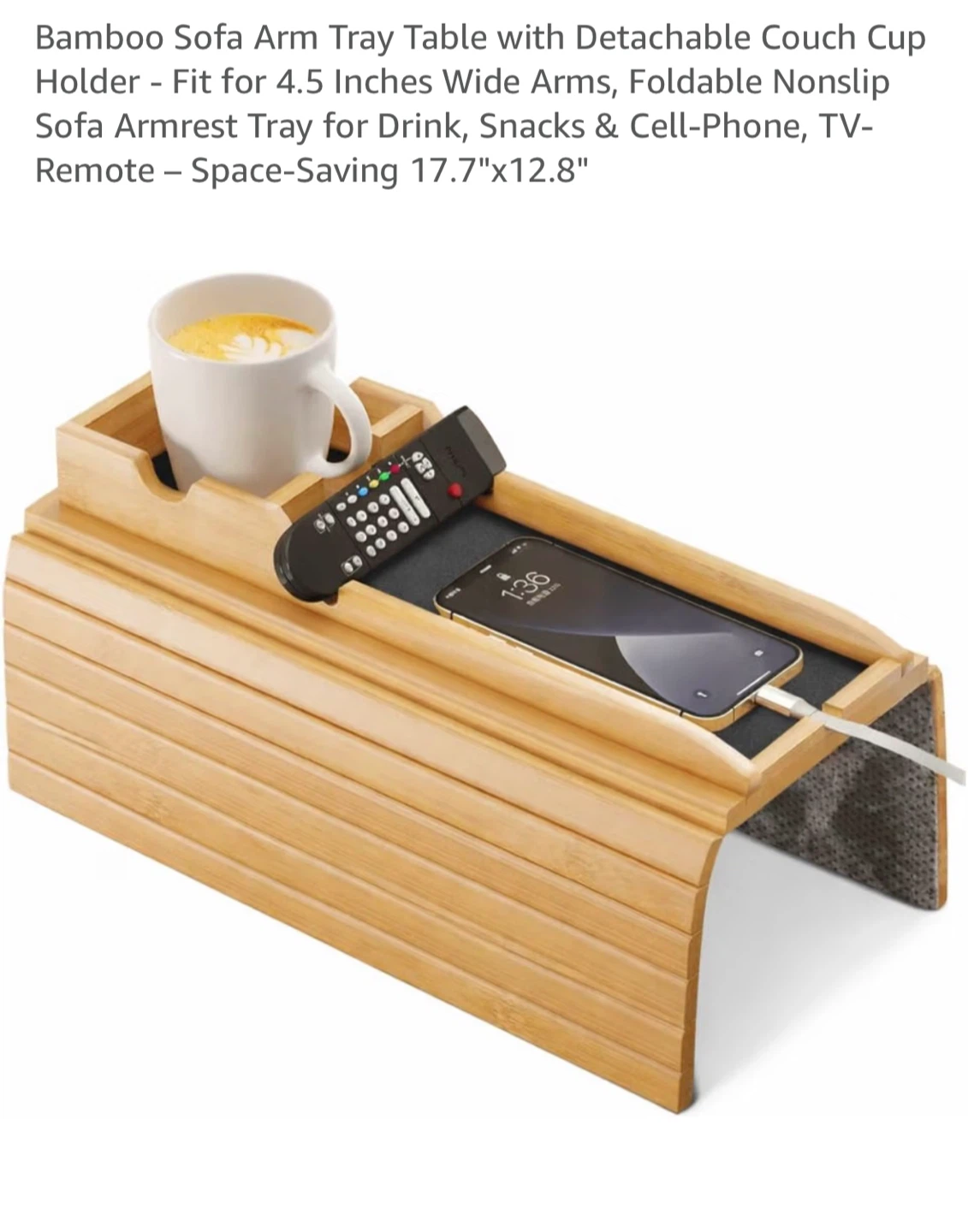 Bamboo Sofa Arm Tray Table with Cup Holder - photo 2