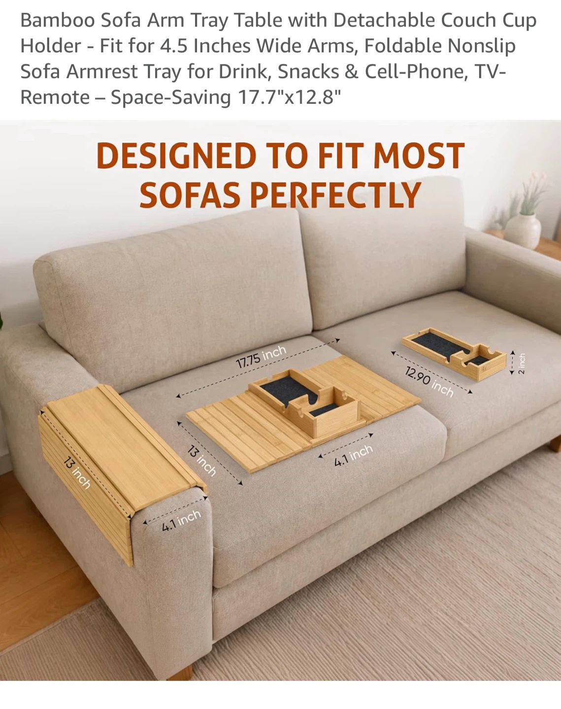 Bamboo Sofa Arm Tray Table with Cup Holder - photo 3