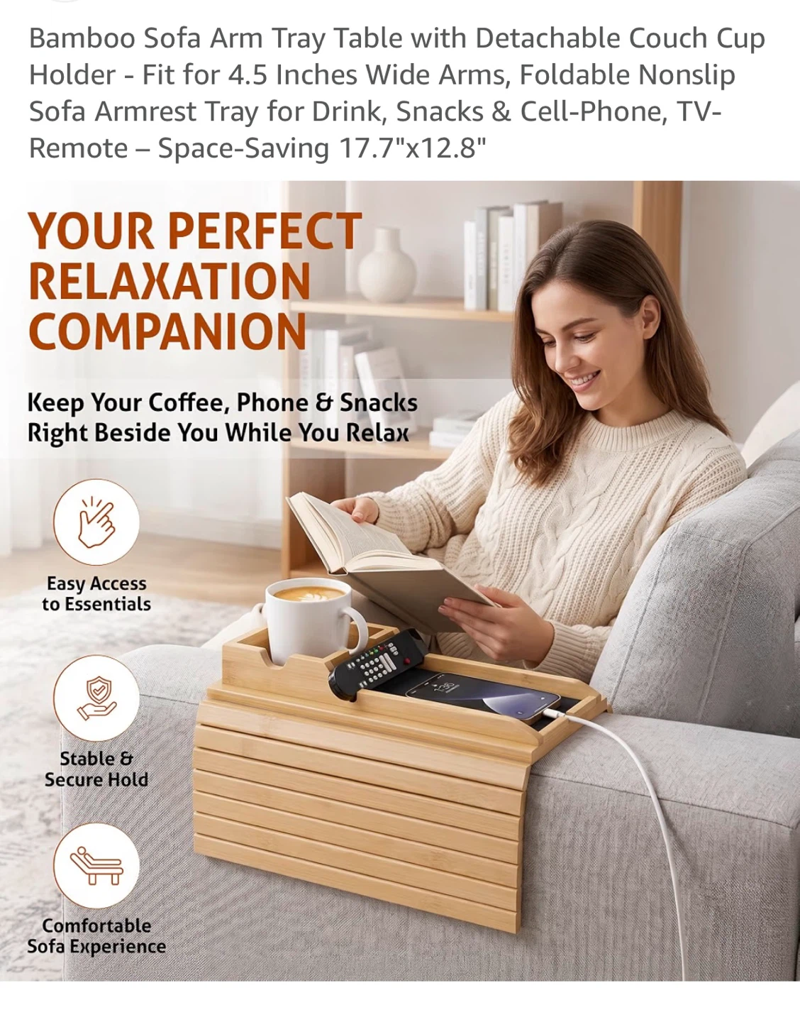 Bamboo Sofa Arm Tray Table with Cup Holder - photo 4