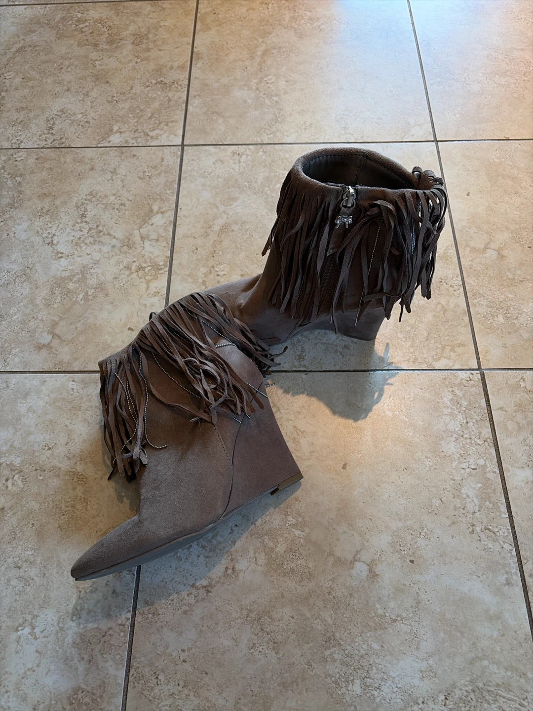 Women's Fringed Wedge Ankle Boots Taupe - photo 3