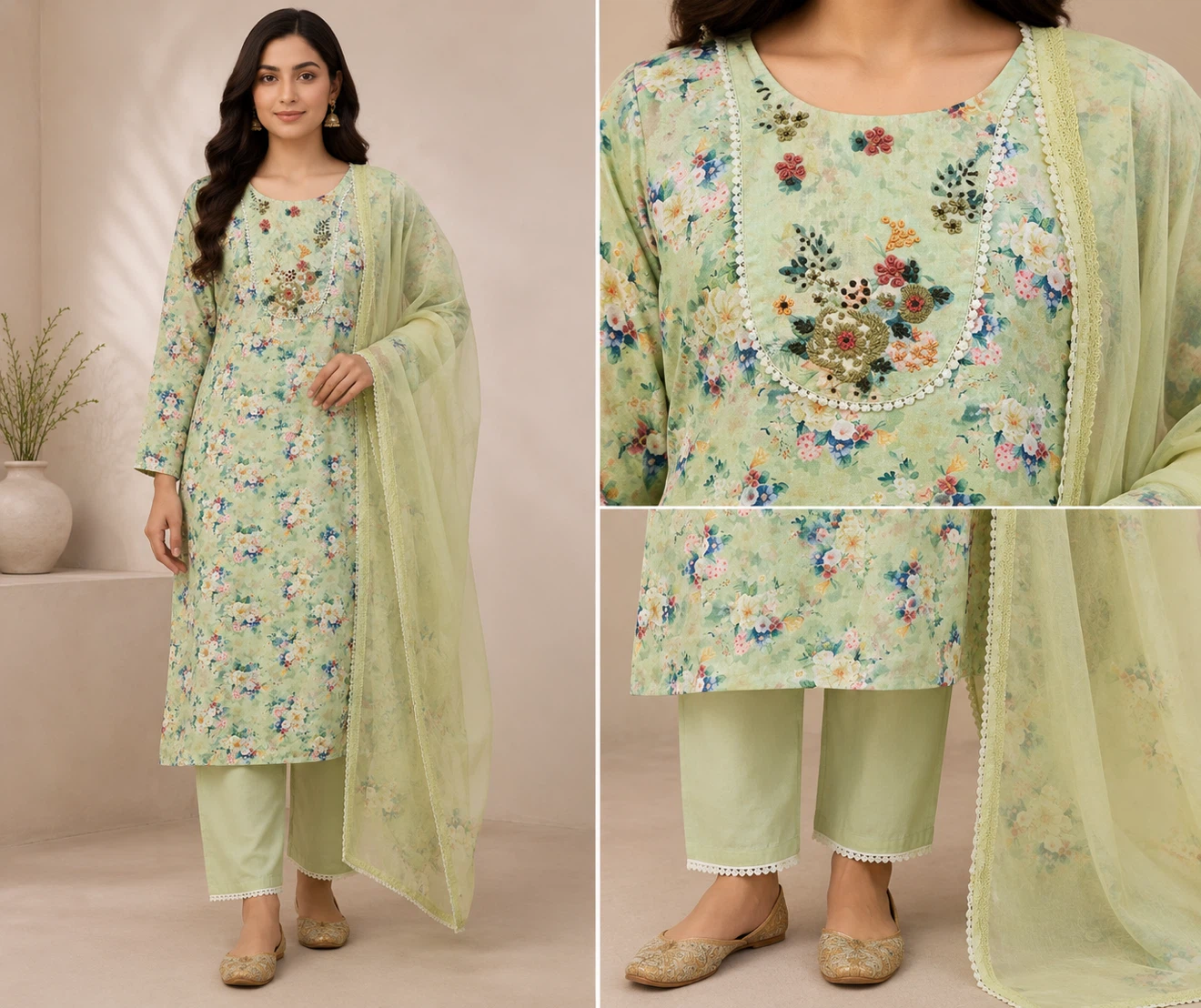 Green Floral Print Kurti with Dupatta and Pants