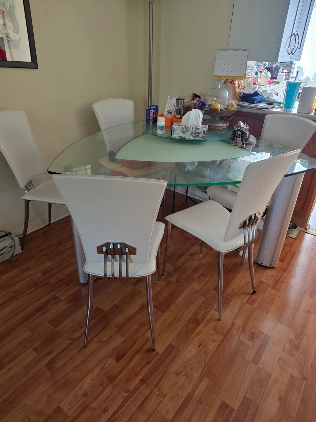 Glass Dining Table with 5 White Chairs