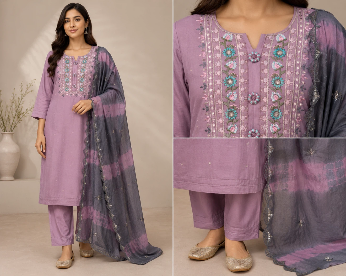 Purple Embroidered 3-Piece Suit with Grey Tie-Dye Dupatta