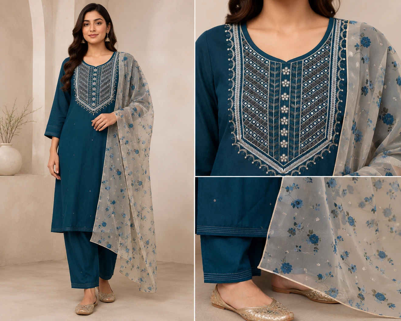 Embroidered Kurta with Floral Dupatta