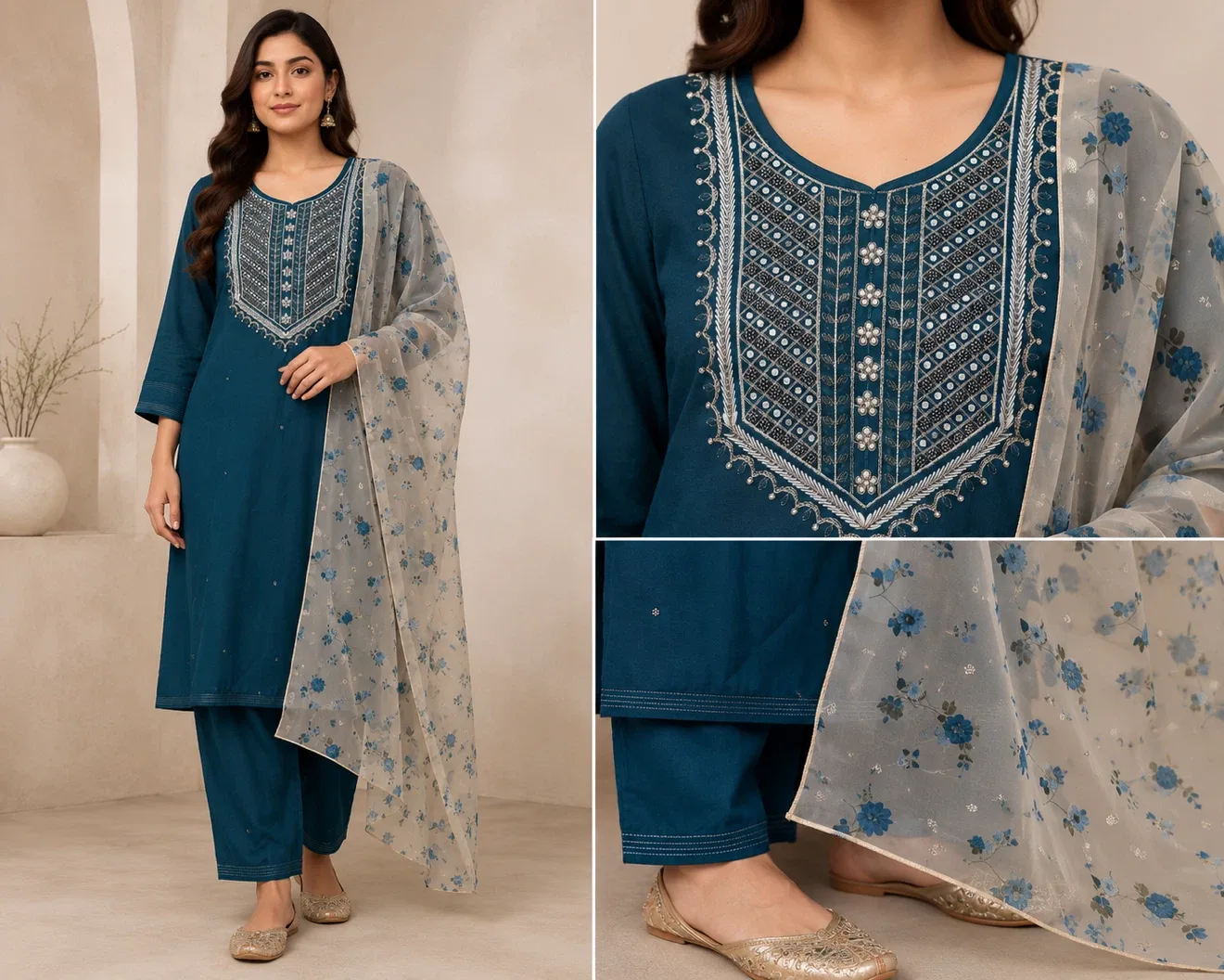 Embroidered Kurta with Floral Dupatta