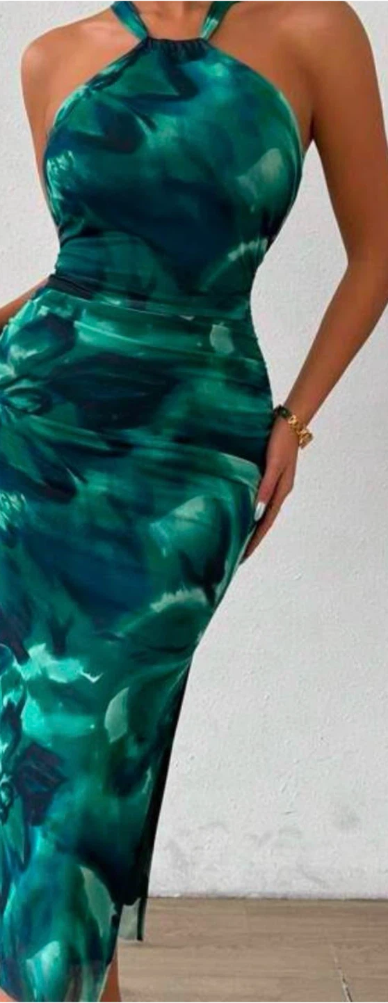 Blue/Green Mesh Halter Wedding Guest Dress