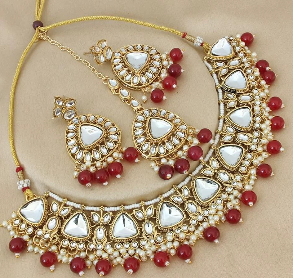 Gold Tone Necklace and Earring Set with Red Beads